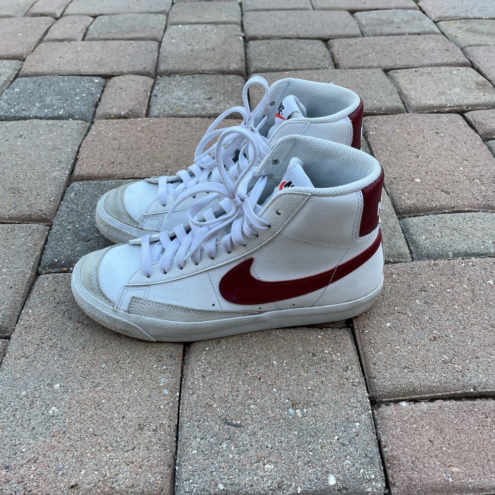 white and red nike blazers